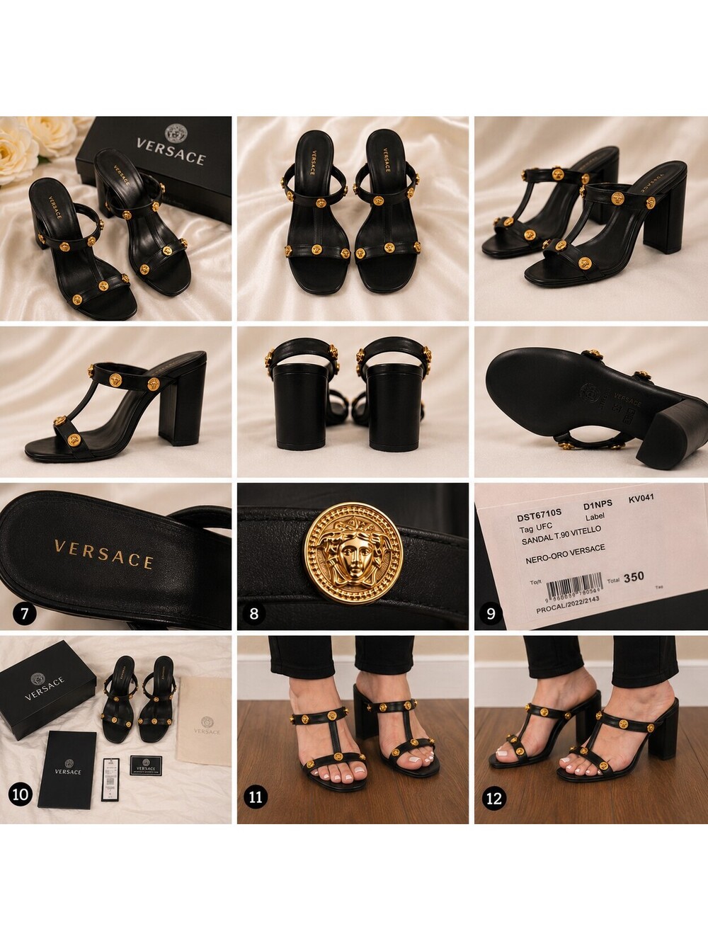 Versace DST6710S Medusa T.90 Vitello Black Gold Leather Heel Sandals EU 35